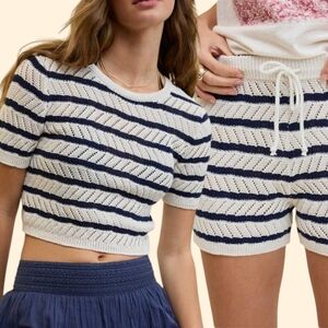 🤍💙 Aerie Cotton Poly Striped Knit Cropped Top & Shorts Co-ord Set, L